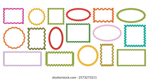 Color squiggle frames set. Zigzag wavy edges, retro squiggle frames, psychedelic rectangles, photo frames, text boxes, tags, labels. Vector groovy shapes set of wave borders. EPS 10