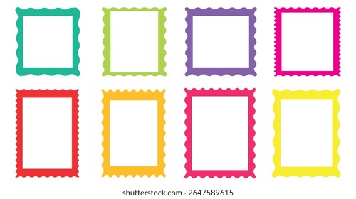 Color squiggle frames set. Zigzag wavy edges, retro scallop frames, psychedelic rectangles, photo frames, text boxes, tags, labels. Empty text boxes, mirrors or color framework.