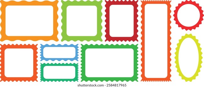 Color squiggle stories frames set. Zigzag wavy edges, retro scallop frames, psychedelic rectangles, photo frames, text boxes, tags, labels. Zigzag border frames. Scallop edge border frame