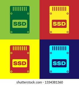 Color SSD card icon isolated on color backgrounds. Solid state drive sign. Storage disk symbol. Flat design. Vector Illustration