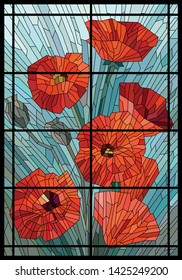 Color Stained Glass. Large flowers of poppies on a gray turquoise background in the window. Black lines. Vector full color graphics