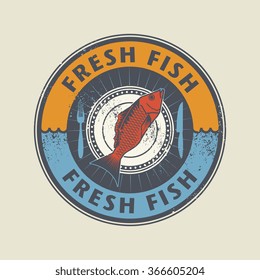 Color stamp with fish shape and the word Fresh fish written inside, vector illustration