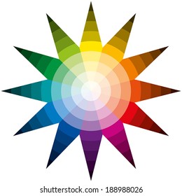 Color Star - Twelve basic colors in a circle, forming a star, graduated from the brightest to the darkest color. Isolated vectors on white background.