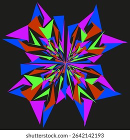 Color starburst pattern. Kaleidoscope vector mandala. Abstract petal star. Black background contrast.
