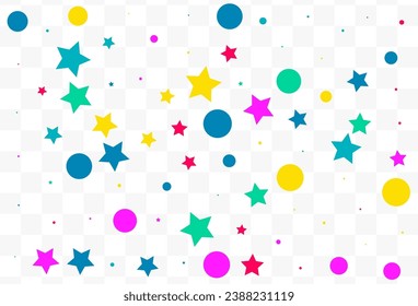 Color Starfall Effect Vector Transparent Background. Celebration Stars Card. Independence Circle and Star Wallpaper. Happy Round Carnaval Texture.