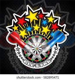 Color stars flaying out from dartboard with red and blue darts. Sport logo for any darts game or championship