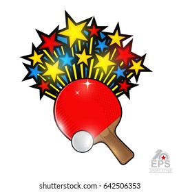 Color stars fly out from red ping pong racket with ball all star game. Sport logo for any team or championship on white