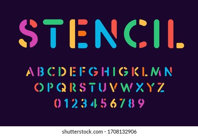 Color stencil letters and numbers set on dark background, school alphabet concept, vector typography 