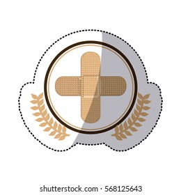 color sticker with circle with olive branchs and band aid in cross form