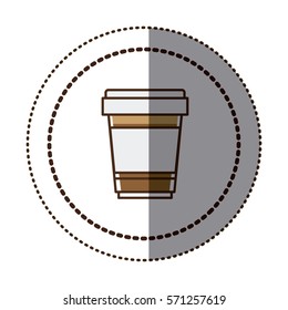 color sticker in circular frame with disposable glass of cappuccino close up