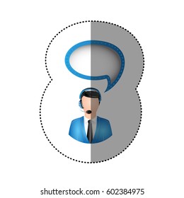 color sticker of circular frame with man call center with cloud speech vector illustration