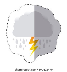 color sticker of cloud with rain and lightning vector illustration