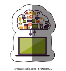 color sticker with cloud service with apps set and laptop computer