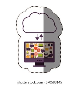 color sticker with cloud service with apps set download on desktop computer
