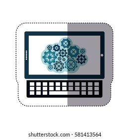 color sticker with concept of cloud maintenance service of tablet and keyboard vector illustration