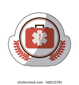 color sticker with firts aid kit with symbol star of life in circle with olive branchs