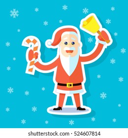 Color sticker illustration of a flat art cartoon Santa Claus with candy cane