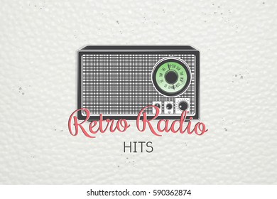 Color sticker retro radio. Detailed elements. Old retro vintage grunge. Typographic labels, stickers, logos and badges. Flat vector illustration