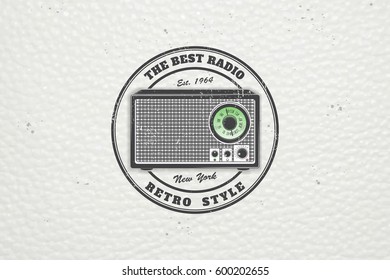 Color sticker retro radio. Detailed elements. Old retro vintage grunge. Typographic labels, stickers, logos and badges. Flat vector illustration