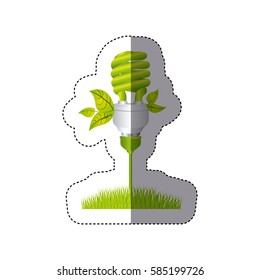 color sticker silhouette with spiral fluorescent lamp with leaves and grass vector illustration