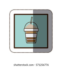 color sticker silhouette in square frame with disposable glass of cappuccino with straw