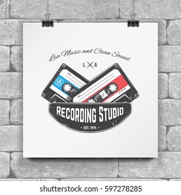 Color sticker studio recording and music shop. Detailed elements. Old retro vintage grunge. Typographic labels, stickers, logos and badges. Flat vector illustration