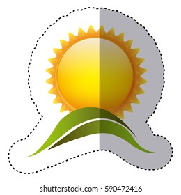 color sticker with sun over green hill vector illustration