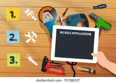 Color stickers and home tools on wooden table