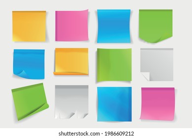 Hoja de papel con notas adhesivas de color con esquina curvada para el mensaje. Conjunto de etiquetas de recordatorio vacías en blanco, diseño de página de emoticones de memo para cualquier ilustración de vector de propósito aislada en fondo blanco