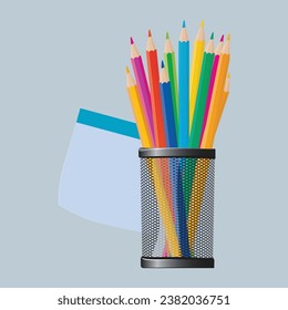 Color sticky notes and pencils in a glass. Color pencils in a realistic style. Back to school design
