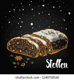 Color Stollen hand drawn. Vector Christmas illustration with chalk on black board