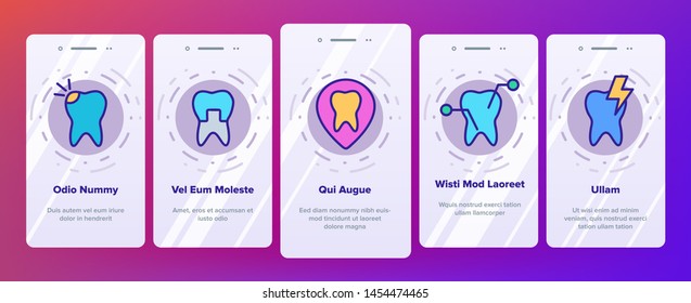 Color Stomatology And Dentistry Vector Onboarding Mobile App Page Screen. Stomatology, Teeth Treatment And Oral Hygiene Outline Symbols Pack. Dentist Tools. Dental Implant, Tooth Cavity Illustrations