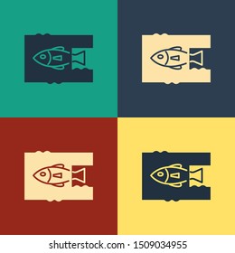 Color Stop ocean plastic pollution icon isolated on color background. Environment protection concept. Fish say no to plastic. Vintage style drawing. Vector Illustration