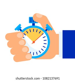 Color stopwatch in hand. Control and time management, the result of the athlete in the competition. A symbol of accuracy and punctuality. Flat vector cartoon object isolated on white background.