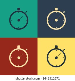 Color Stopwatch icon isolated on color background. Time timer sign. Chronometer sign. Vintage style drawing. Vector Illustration