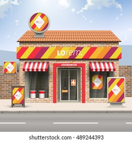Color store design with red, orange and yellow diagonal lines. Elements of outdoor advertising. Corporate identity