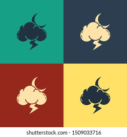 Color Storm icon isolated on color background. Cloud with lightning and moon sign. Weather icon of storm. Vintage style drawing. Vector Illustration