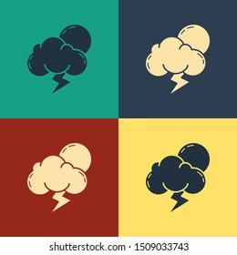 Color Storm icon isolated on color background. Cloud with lightning and sun sign. Weather icon of storm. Vintage style drawing. Vector Illustration