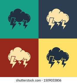 Color Storm icon isolated on color background. Cloud and lightning sign. Weather icon of storm. Vintage style drawing. Vector Illustration