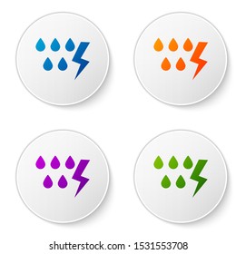 Color Storm icon isolated on white background. Drop and lightning sign. Weather icon of storm. Set icons in circle buttons. Vector Illustration