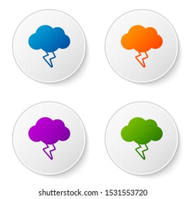 Color Storm icon isolated on white background. Cloud and lightning sign. Weather icon of storm. Set icons in circle buttons. Vector Illustration