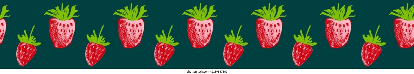 Color strawberry banner template. Rare strawberries seamless pattern, vector hand-drawn illustration of red berries for juice, jam label design. Strawberry background for baby food. Ice cream backdrop