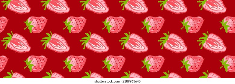 Color strawberry banner template. Rare strawberries seamless pattern, vector hand-drawn illustration of red berries for juice, jam label design. Strawberry background for baby food. Ice cream backdrop
