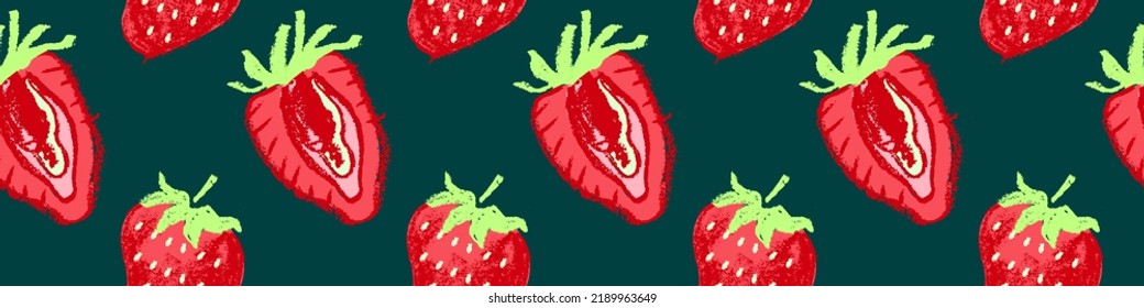 Color strawberry banner template. Rare strawberries seamless pattern, vector hand-drawn illustration of red berries for juice, jam label design. Strawberry background for baby food. Ice cream backdrop