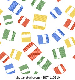 Color Street stall with awning and wooden rack icon isolated seamless pattern on white background. Kiosk with wooden rack. Vector.