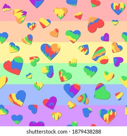 color striped hearts on rainbow flag. love symbol. lgbt concept. homosexual relationship. beautiful vector seamless pattern. fabric swatch. wrapping paper. continuous print. design template