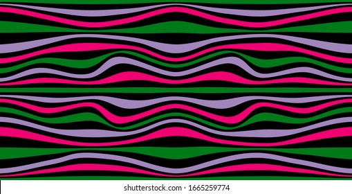 Color striped seamless pattern. Abstract wave line art. Op art, optical illusion. Psychedelic background. Modern design, graphic texture.