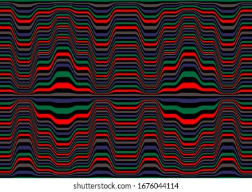 Color striped seamless pattern. Abstract wave line art. Op art, optical illusion. Psychedelic background. Modern design, graphic texture.