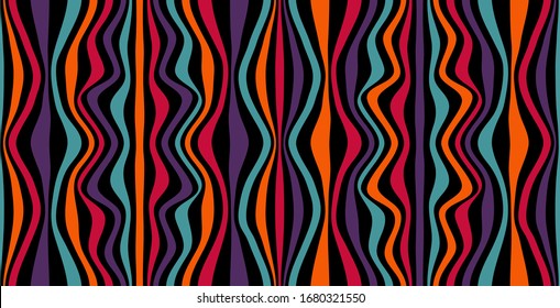 Color striped seamless pattern. Abstract wave line art. Op art, optical illusion. Psychedelic background. Modern design, graphic texture.