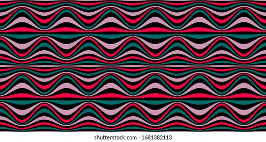 Color striped seamless pattern. Abstract wave line art. Op art, optical illusion. Psychedelic background. Modern design, graphic texture.